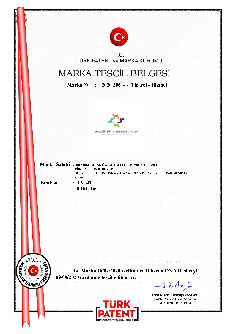 "Geleceğin Eğitimi Yeni Nesil Dersler" Türk Patent Enstitüsü tarafından tescillendi. 